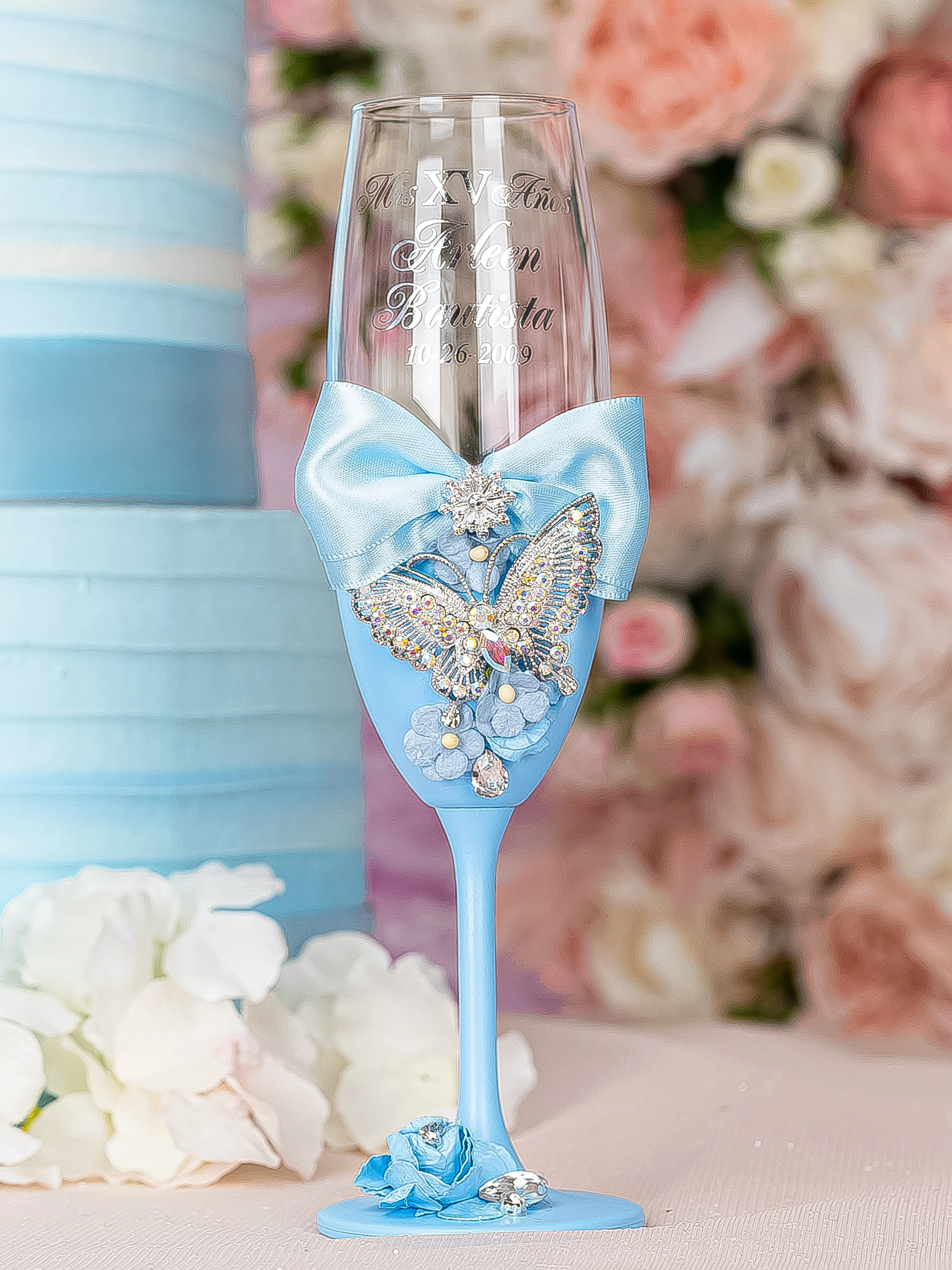 Light blue with butterflies Quinceanera Bottle