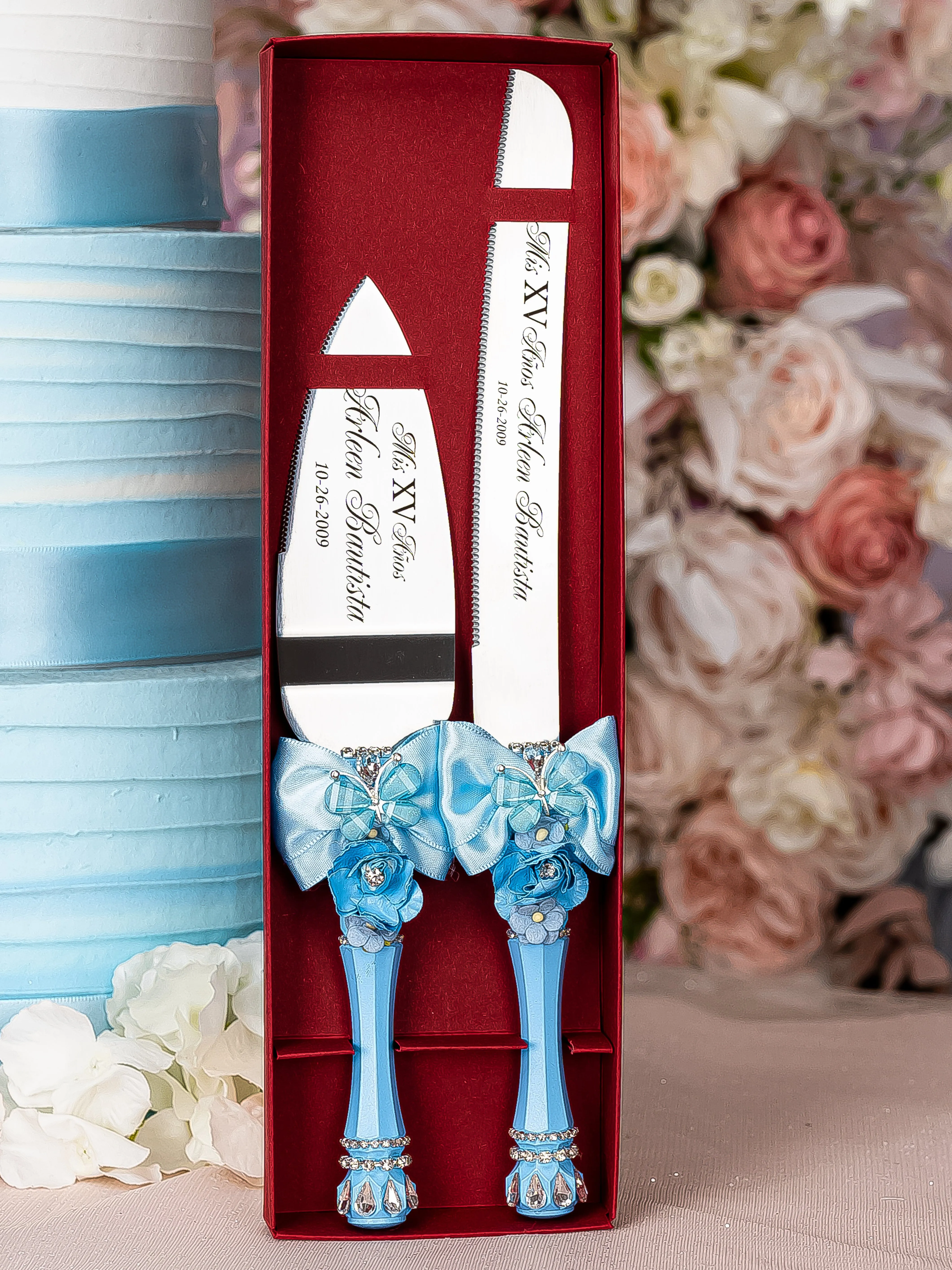 Light blue with butterflies Quinceanera cake knife set with 1 glass