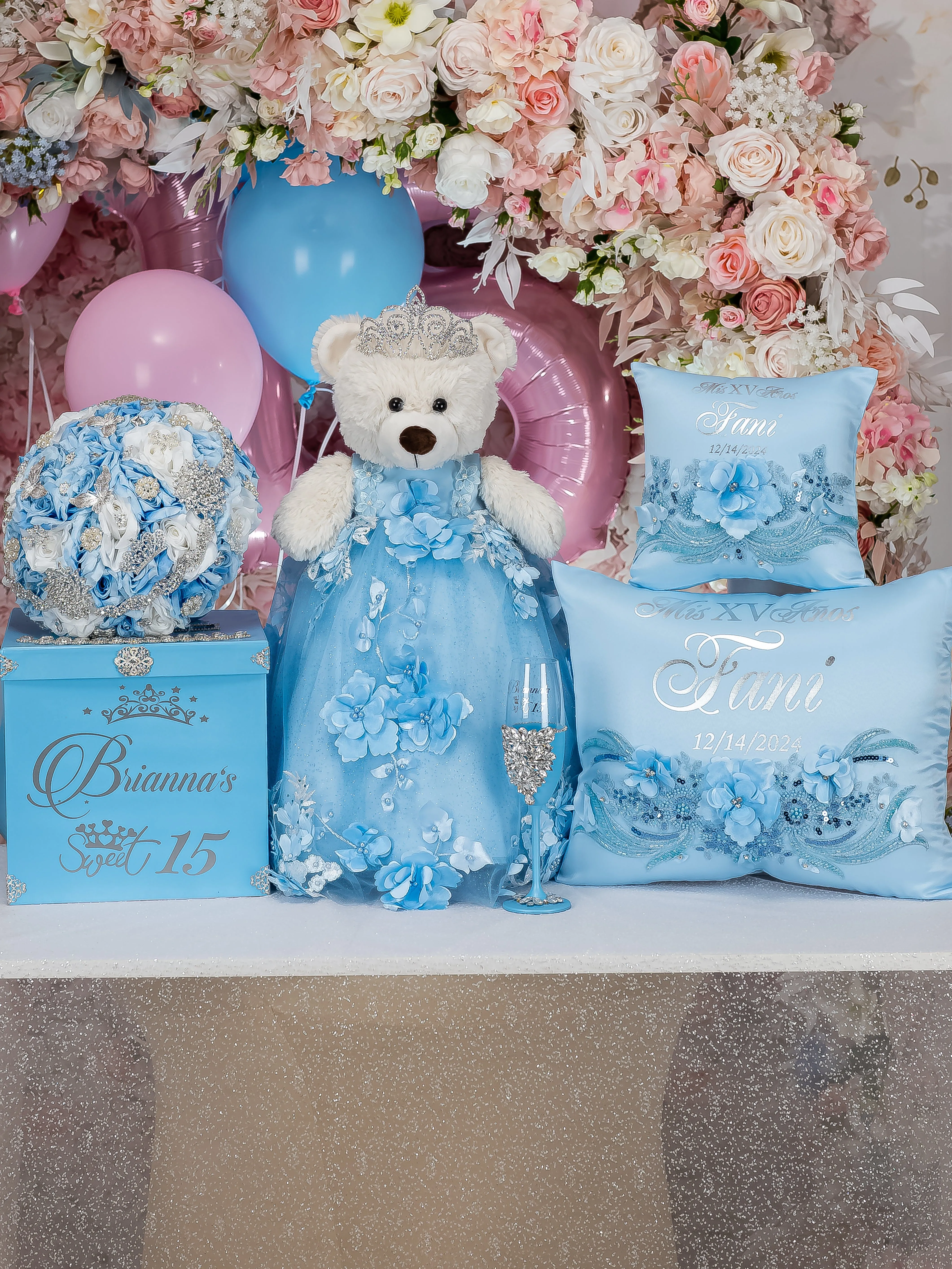 Light blue with flowers Teddy Bear for Quinceanera