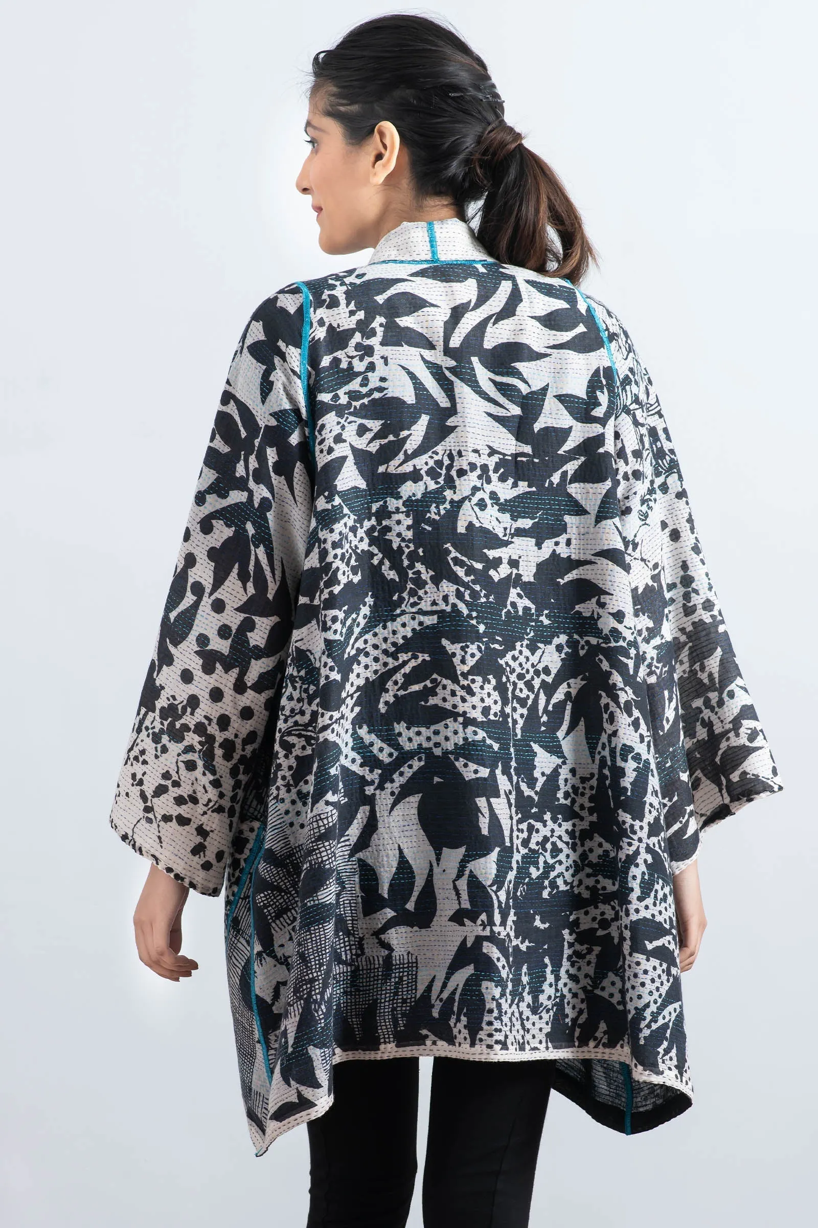 MONOTONE TWILIGHT PRINT KANTHA A-LINE JKT - tp2003-wht -