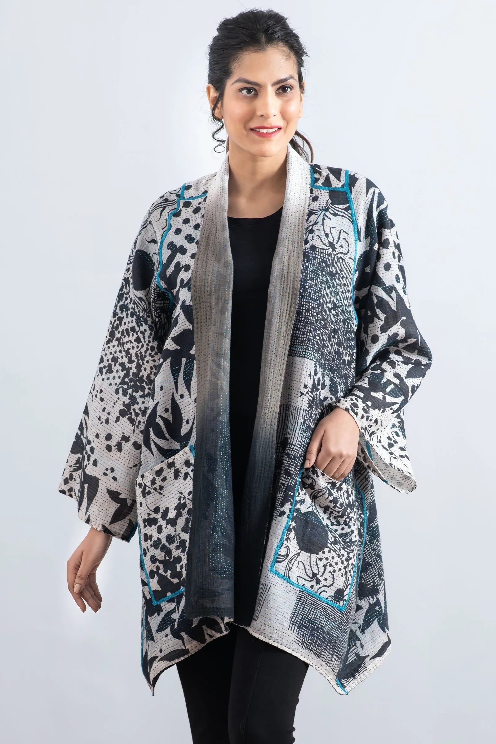 MONOTONE TWILIGHT PRINT KANTHA A-LINE JKT - tp2003-wht -