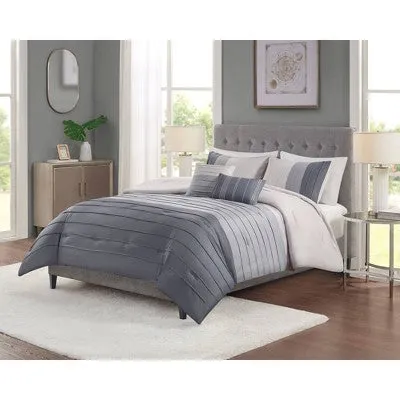 New - 5pc Full/Queen Boston Pleated Colorblock Comforter Bedding Set - Gray