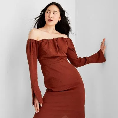 New - Women's Off the Shoulder Long Sleeve Midi Dress - Future Collective with Reese Blutstein Rust 0