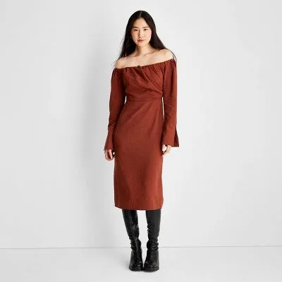 New - Women's Off the Shoulder Long Sleeve Midi Dress - Future Collective with Reese Blutstein Rust 0