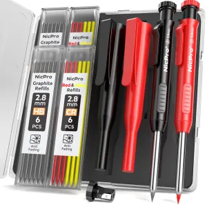 Nicpro 2Pack Carpenter Pencil with Sharpener, Mechanical Carpenter Pencils with 26 Refills (Red, Black, Yellow), Deep Hole Marker Construction Heavy Duty Woodworking Pencils for Father's Day Gift