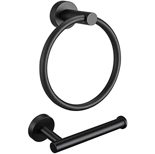 Pynsseu Bathroom Towel Ring Set, 304 Stainless Steel Matte Black Hardware Accessories Set Includes Hand Towel Holder, Toilet Paper Holder Black, Bathroom Hand Towel Holder