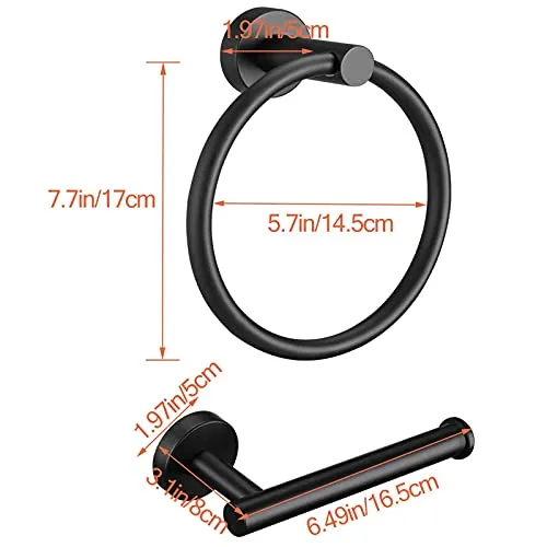 Pynsseu Bathroom Towel Ring Set, 304 Stainless Steel Matte Black Hardware Accessories Set Includes Hand Towel Holder, Toilet Paper Holder Black, Bathroom Hand Towel Holder