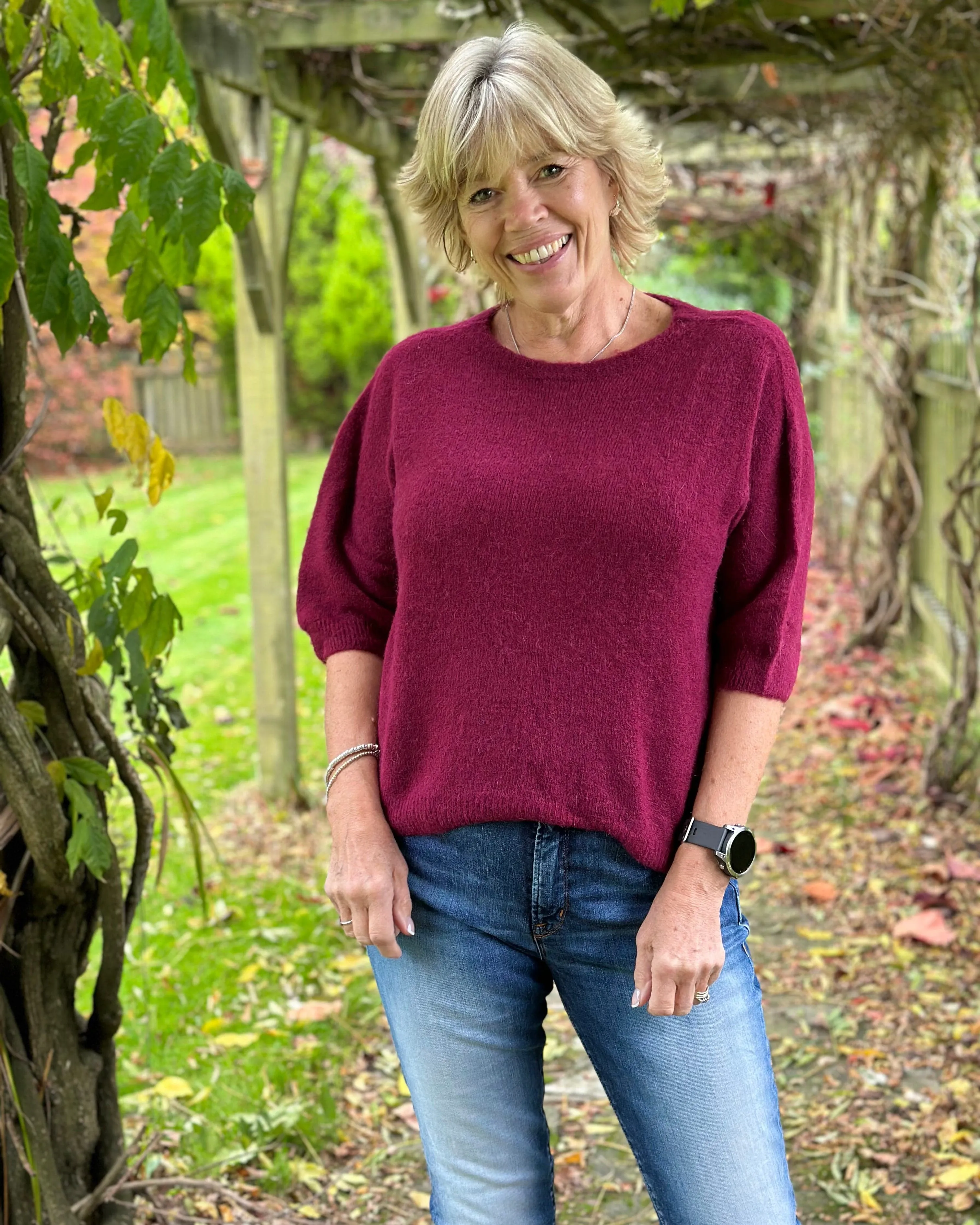 Round Neck Short Sleeve Jumper - Wine