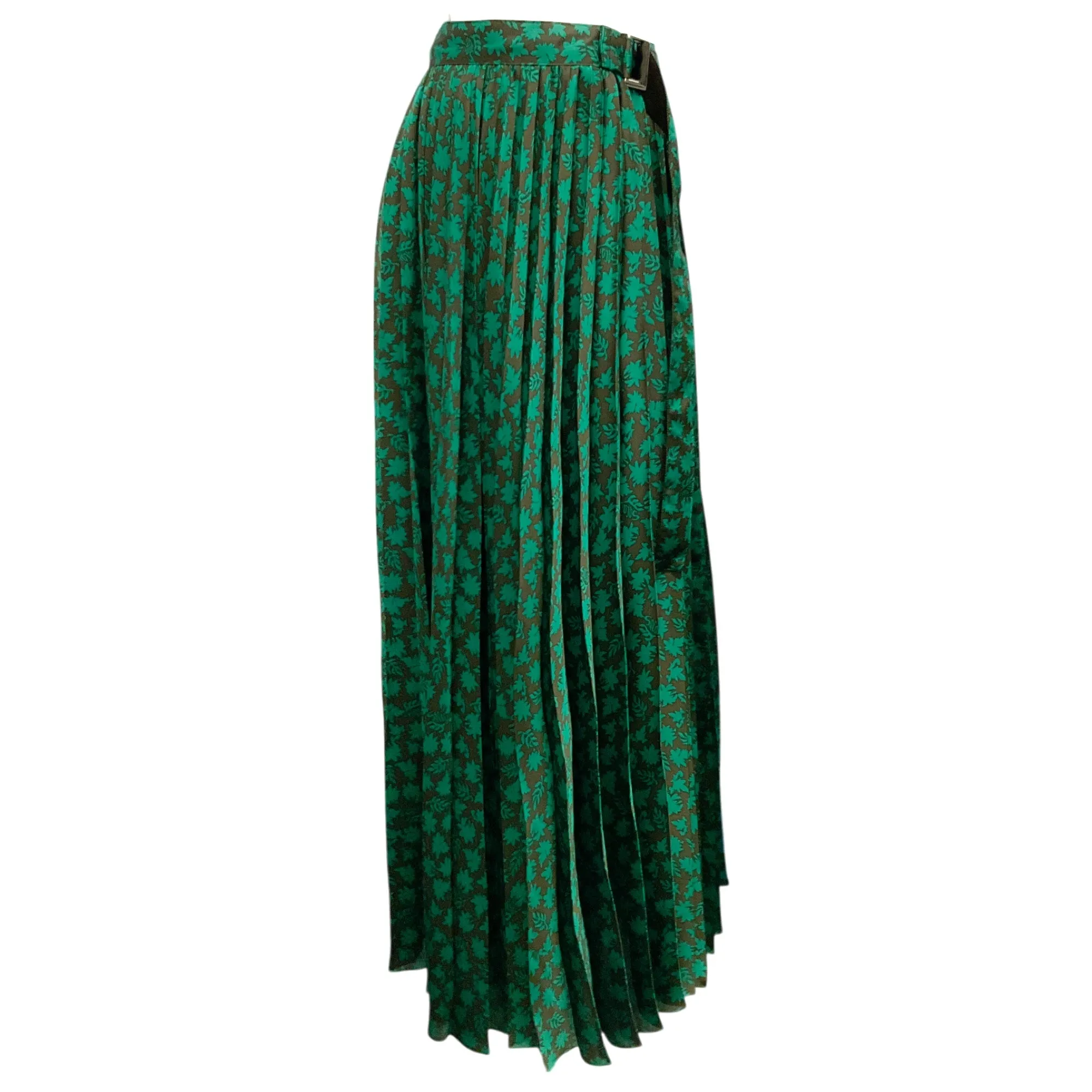 Sacai Brown / Green Floral Printed Pleated Wrap Midi Skirt