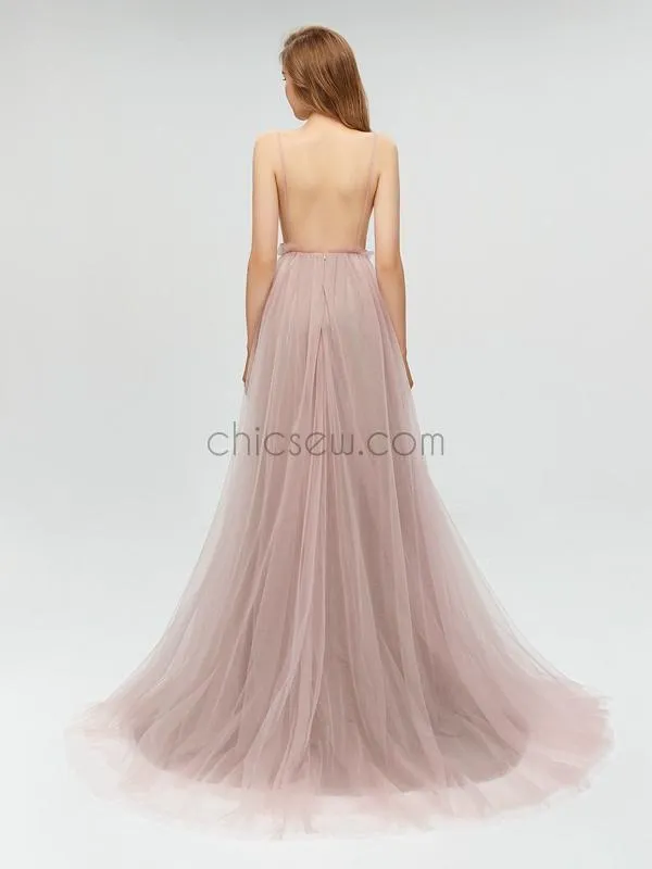 Sexy Deep V-neck Backless Applique A-line Tulle Prom Dress, YKX010