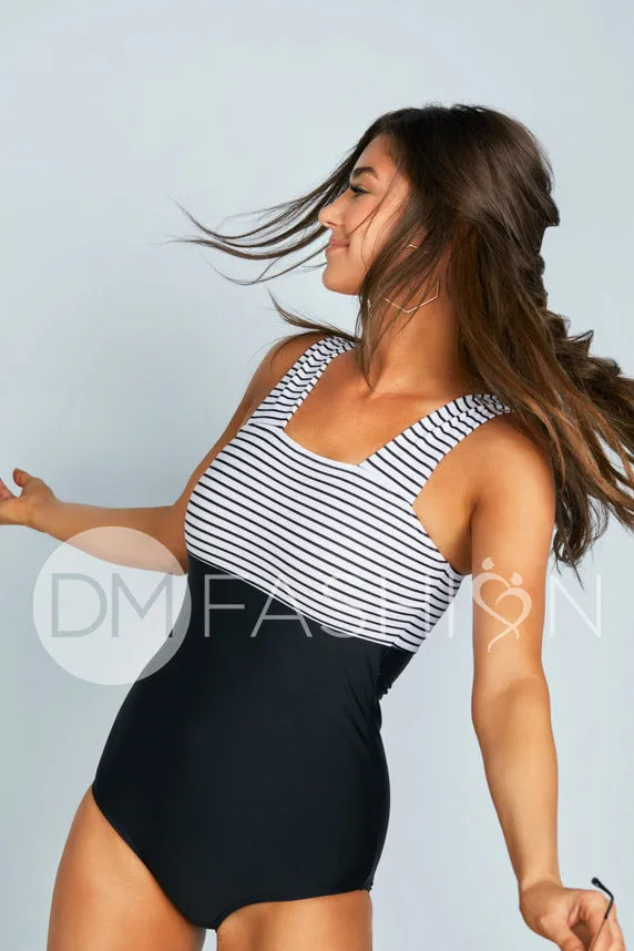 Square Neck Color Block One Piece - Black Stripe - Restocked