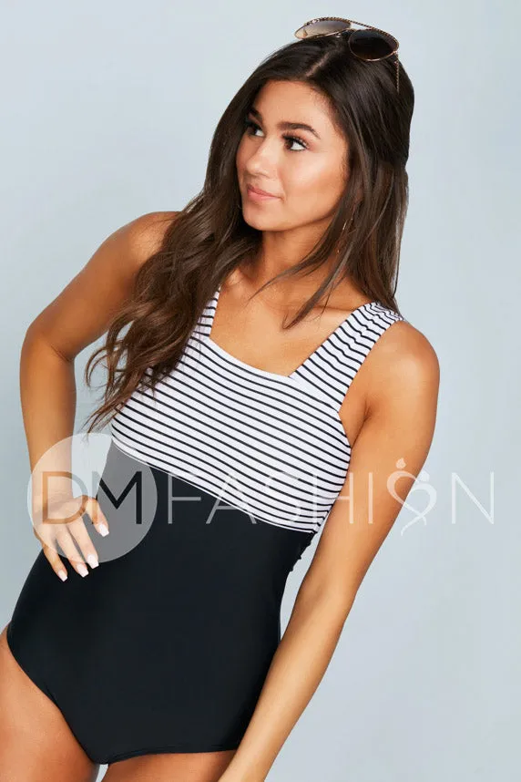 Square Neck Color Block One Piece - Black Stripe - Restocked