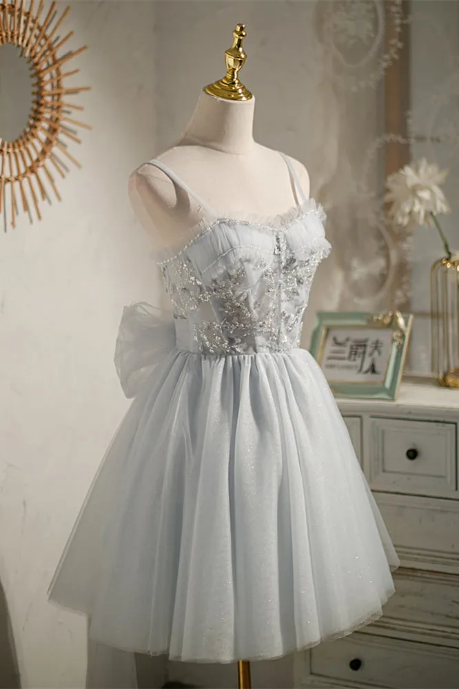 Straps Grey Tulle Beaded Short Homecoming Dress