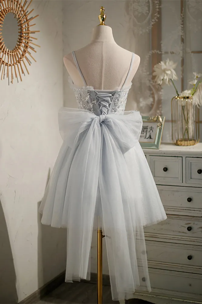 Straps Grey Tulle Beaded Short Homecoming Dress