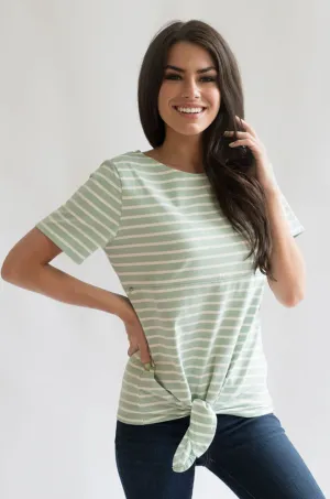 Striped Nursing T-Shirt With Front Tie- Hidden Zipper - Mint/White