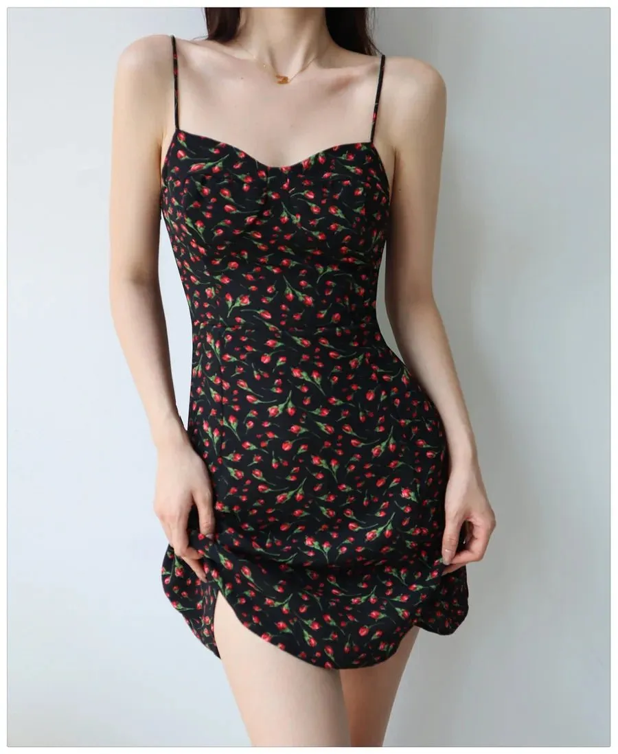 Summer Black Floral Short Dress 2024