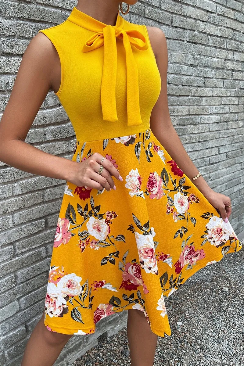 Sweet Elegant Print Patchwork With Bow O Neck A Line Dresses