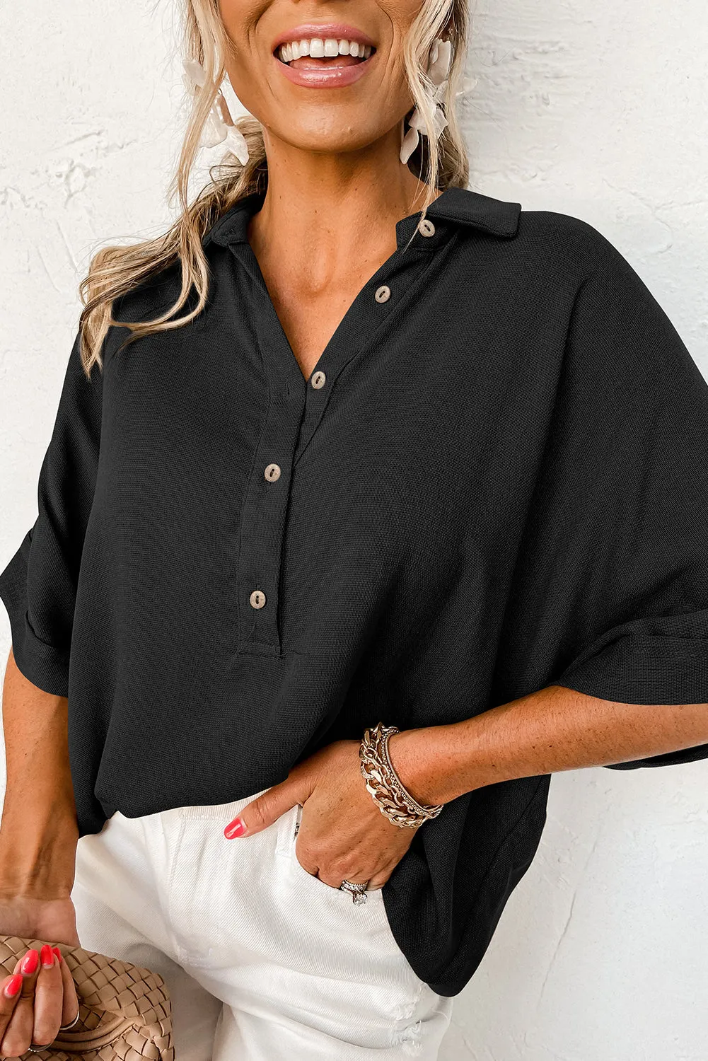 Taupe Collared Half Buttoned Dolman Sleeve Oversized Blouse