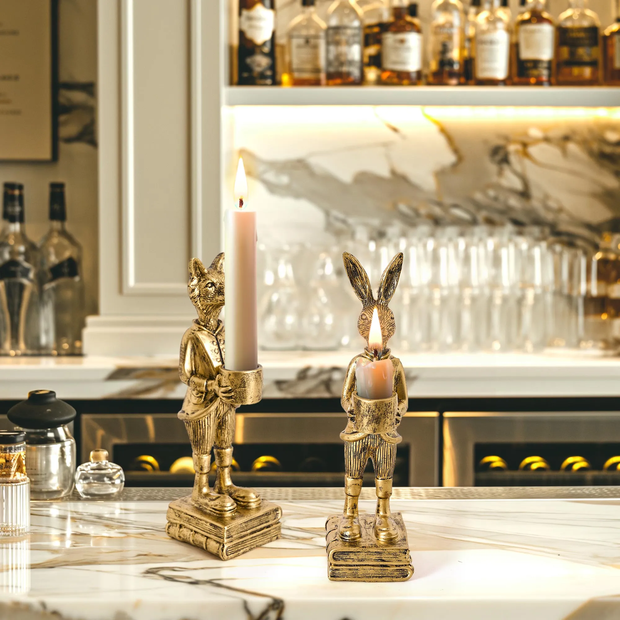 The Fox and Rabbit Gold Resin Tabletop Bar Decor