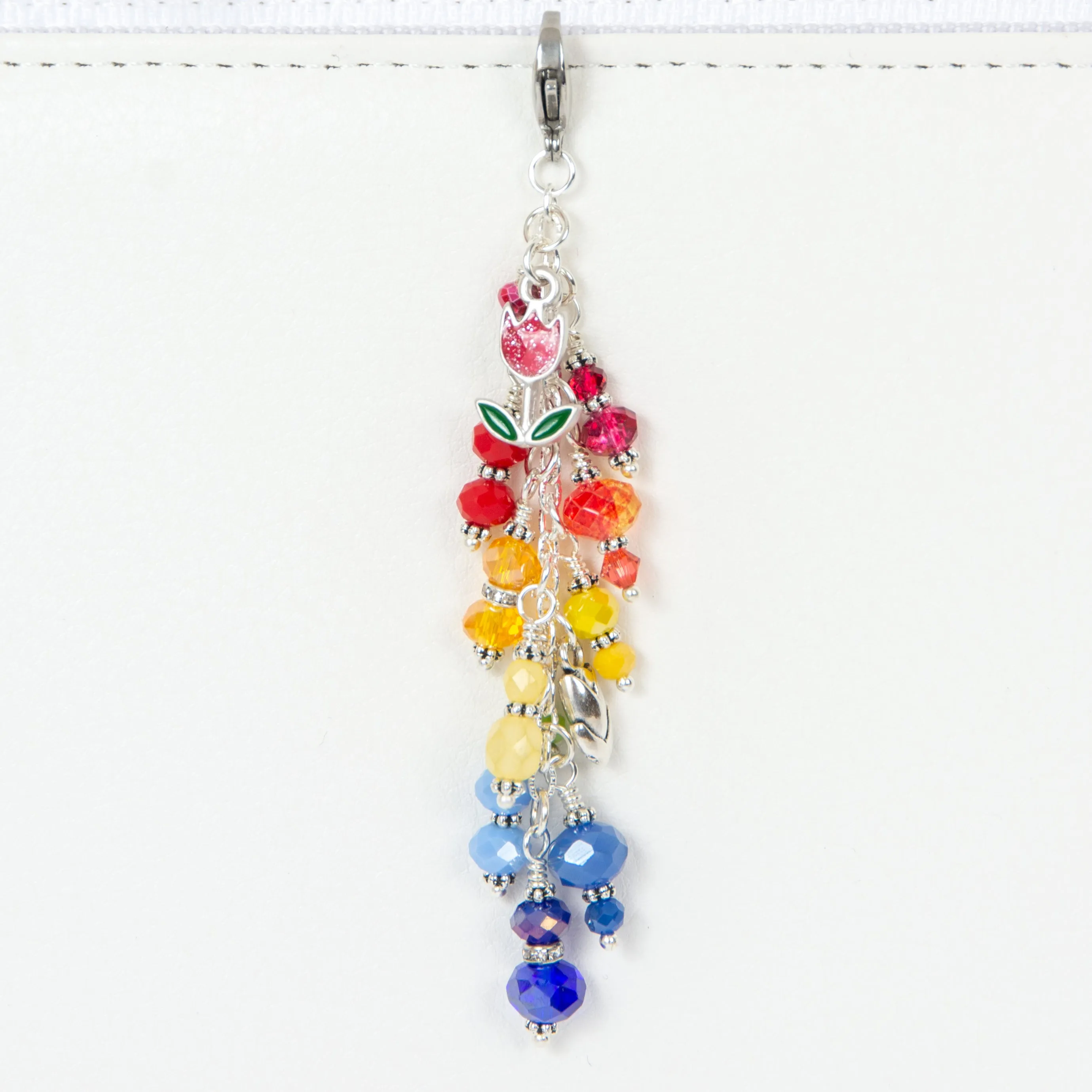 Tulip Planner Charm with Red, Yellow and Blue Crystal Dangle in Two Lengths