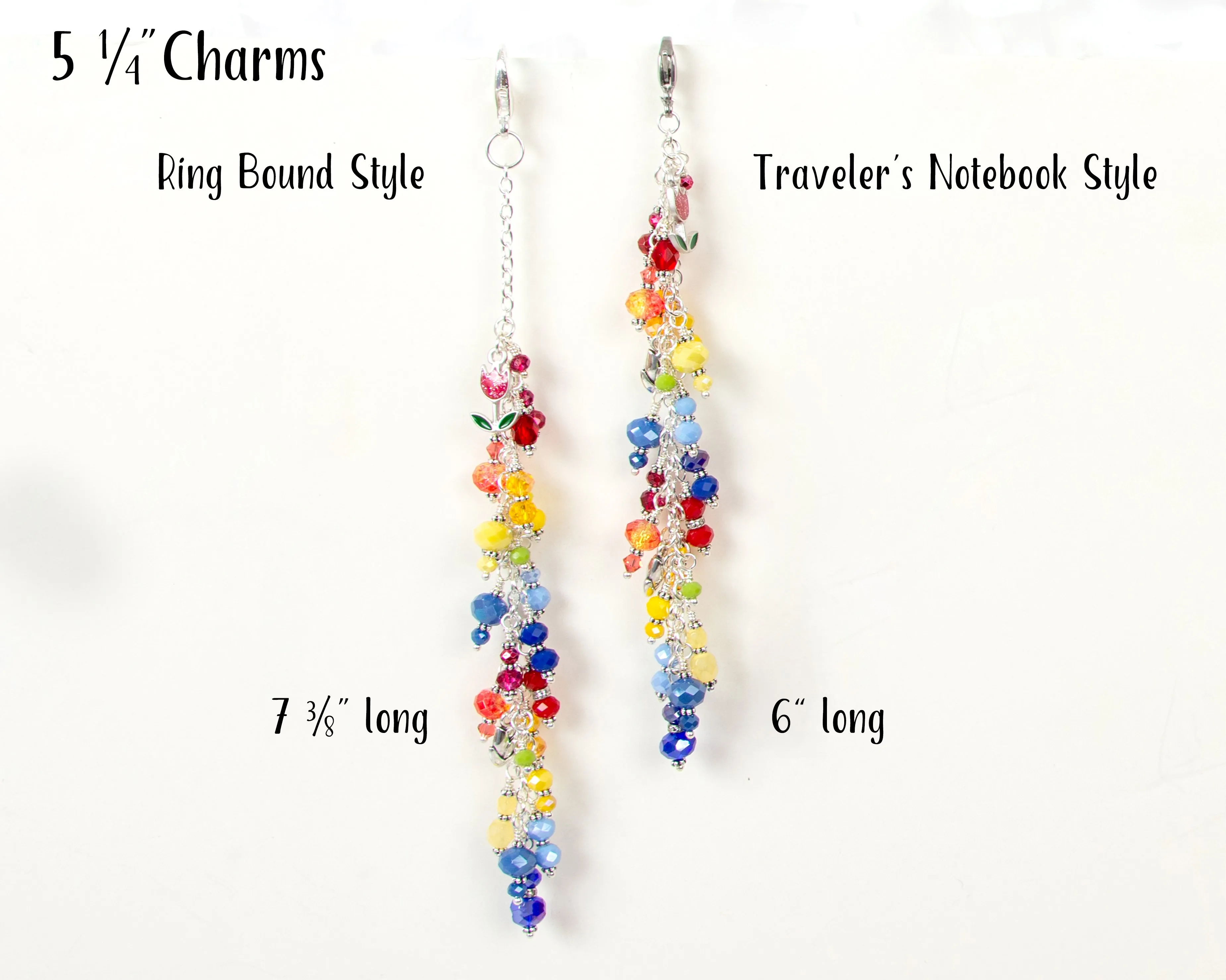 Tulip Planner Charm with Red, Yellow and Blue Crystal Dangle in Two Lengths