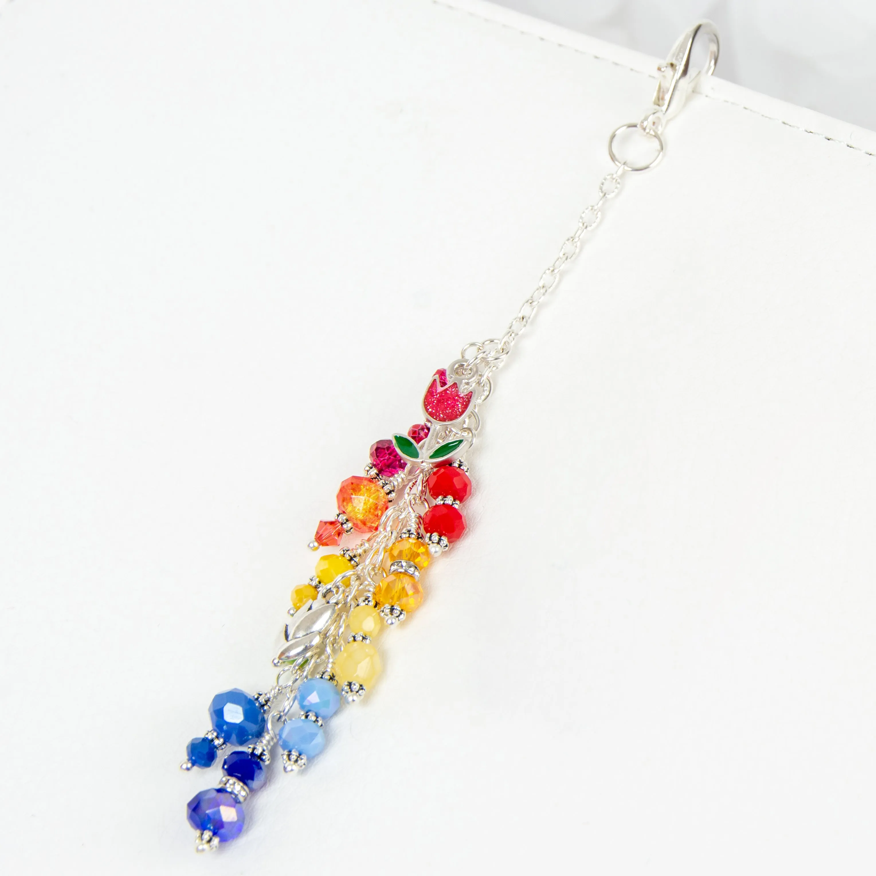 Tulip Planner Charm with Red, Yellow and Blue Crystal Dangle in Two Lengths