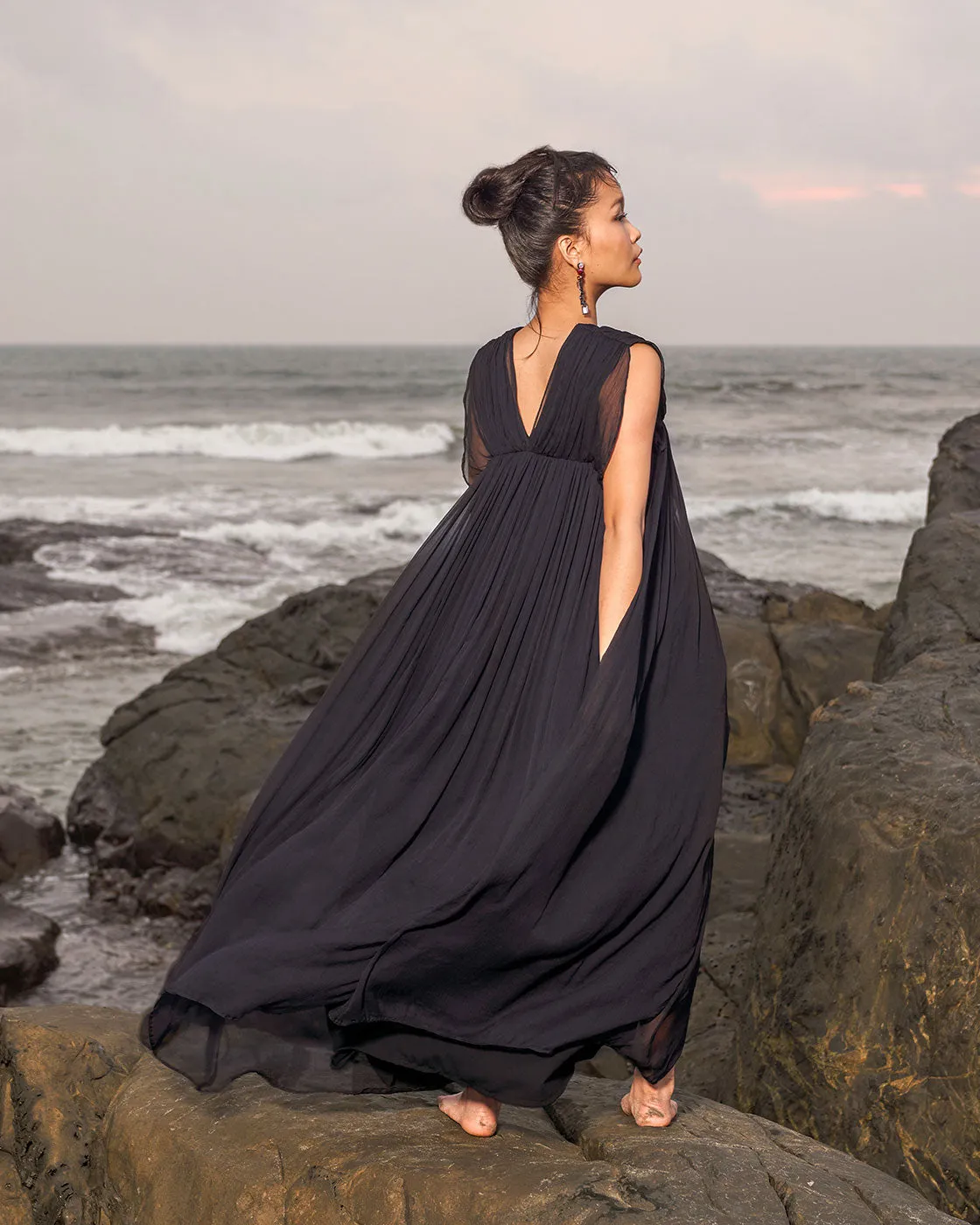 V-NECK PLEATED CHIFFON LONG DRESS