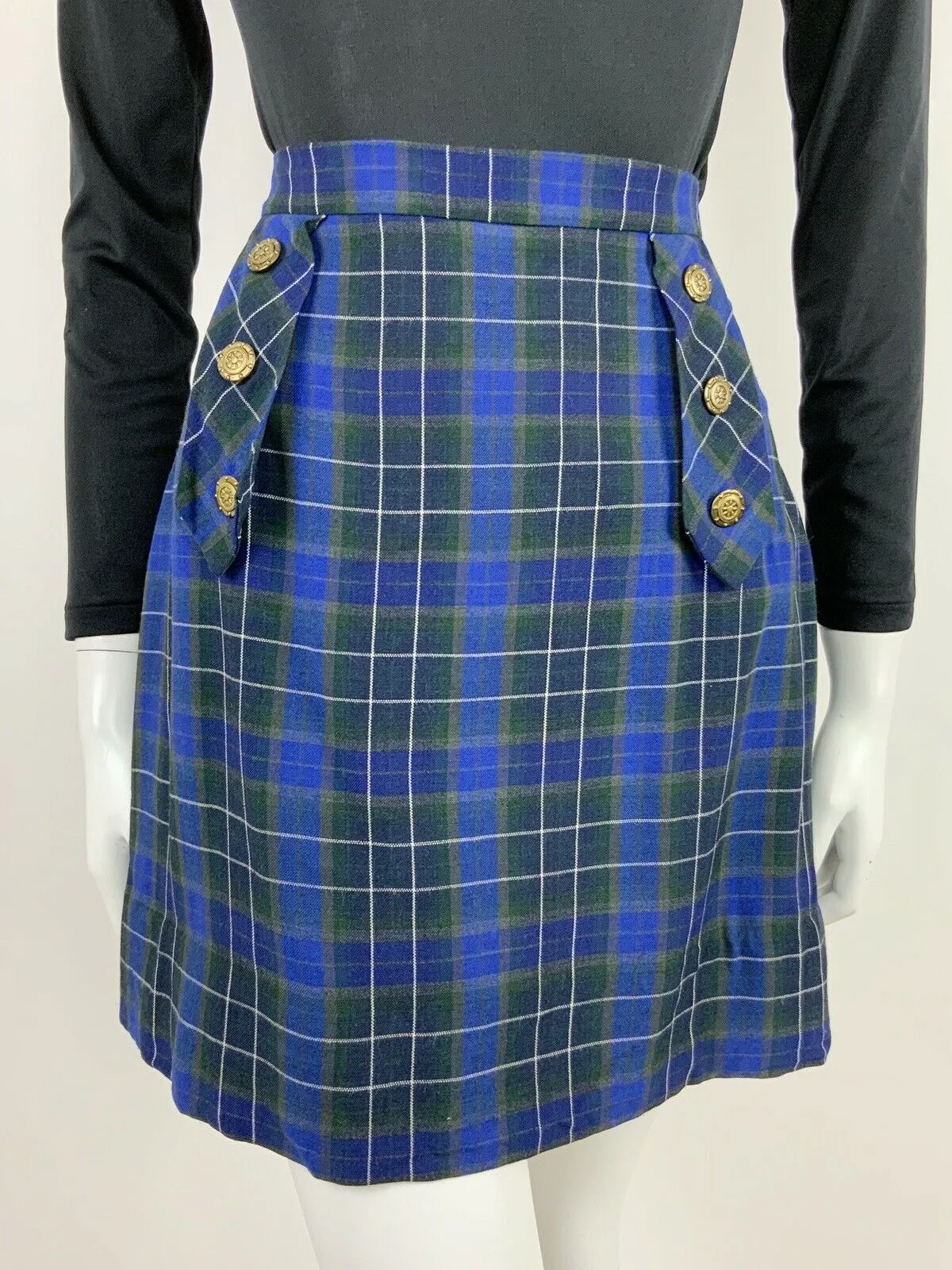 VINTAGE 60s 70s BLUE GREEN WHITE TARTAN PLAID NAUTICAL A-LINE SHORT SKIRT 10