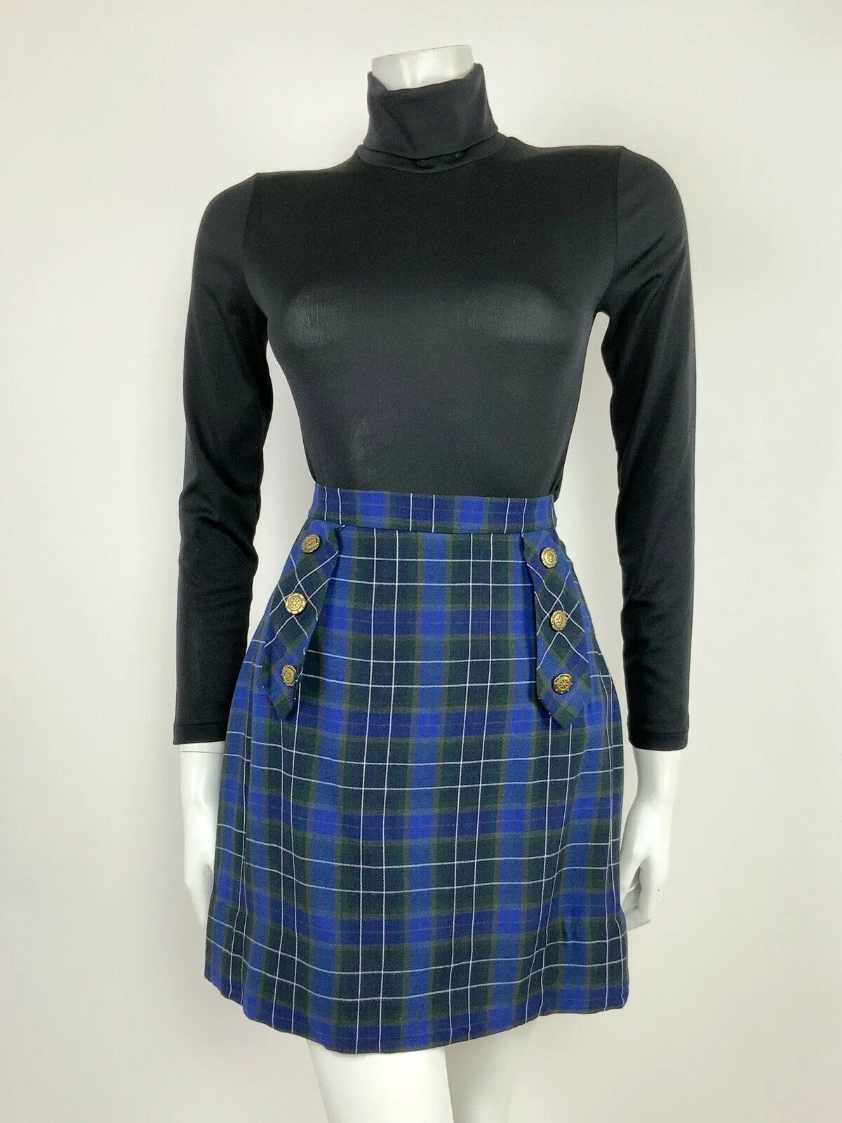 VINTAGE 60s 70s BLUE GREEN WHITE TARTAN PLAID NAUTICAL A-LINE SHORT SKIRT 10