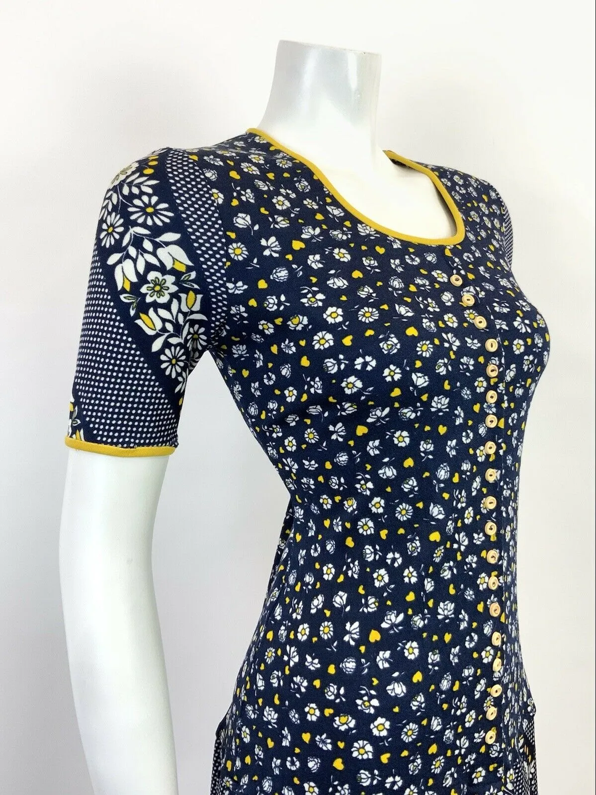 VINTAGE 60s 70s BLUE WHITE YELLOW FLORAL POLKA DOT LOVE HEART MOD DRESS 12