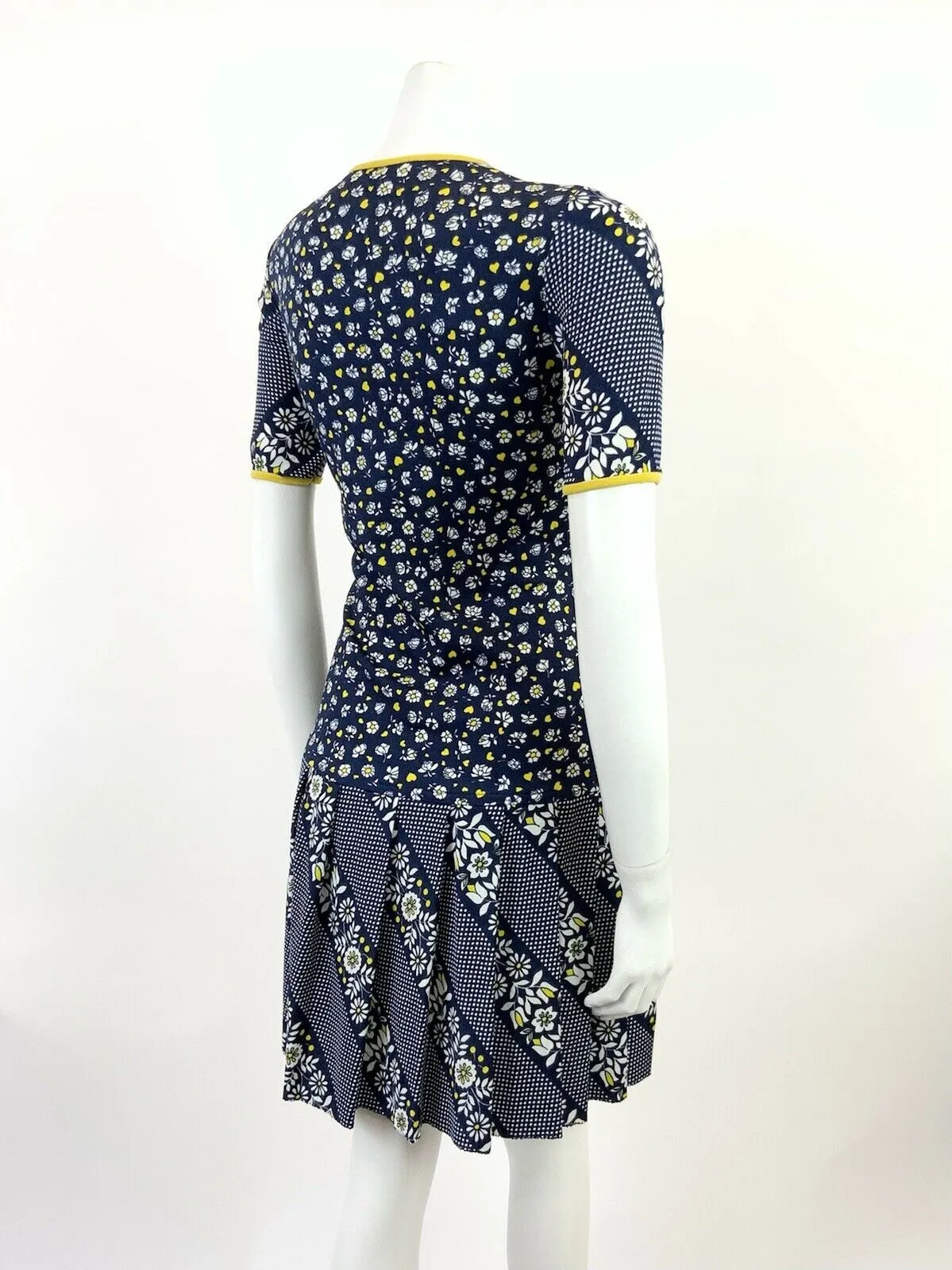 VINTAGE 60s 70s BLUE WHITE YELLOW FLORAL POLKA DOT LOVE HEART MOD DRESS 12