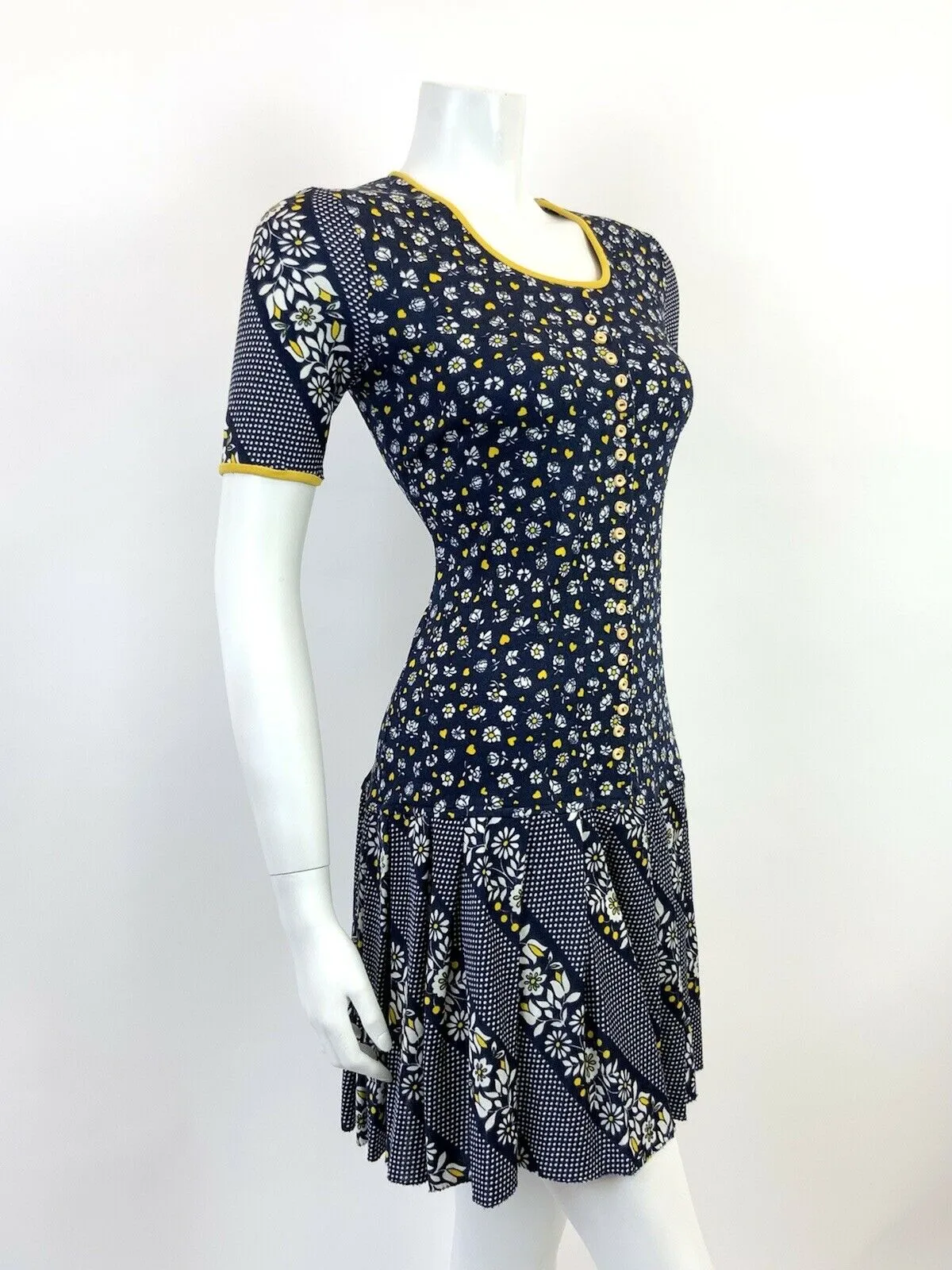 VINTAGE 60s 70s BLUE WHITE YELLOW FLORAL POLKA DOT LOVE HEART MOD DRESS 12