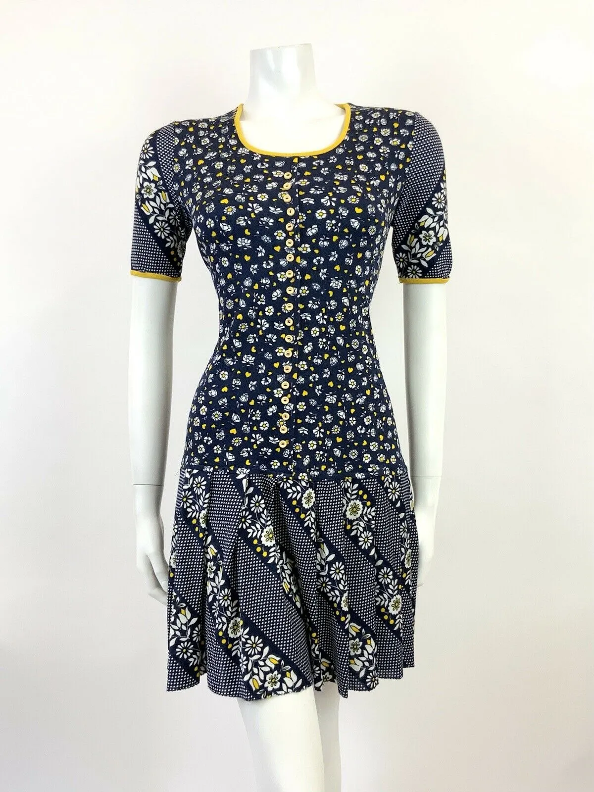 VINTAGE 60s 70s BLUE WHITE YELLOW FLORAL POLKA DOT LOVE HEART MOD DRESS 12