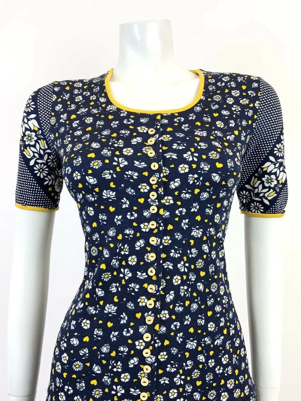 VINTAGE 60s 70s BLUE WHITE YELLOW FLORAL POLKA DOT LOVE HEART MOD DRESS 12