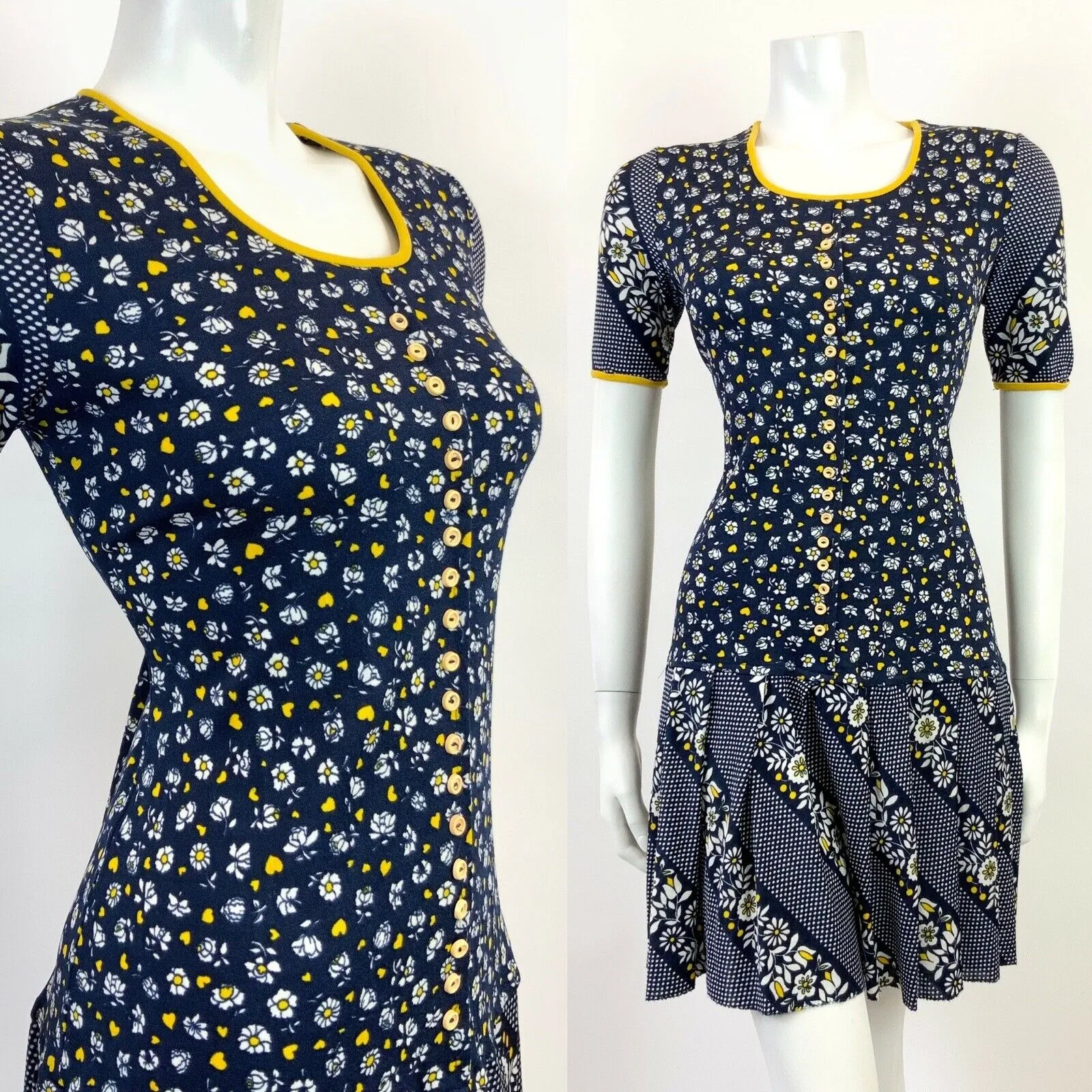 VINTAGE 60s 70s BLUE WHITE YELLOW FLORAL POLKA DOT LOVE HEART MOD DRESS 12