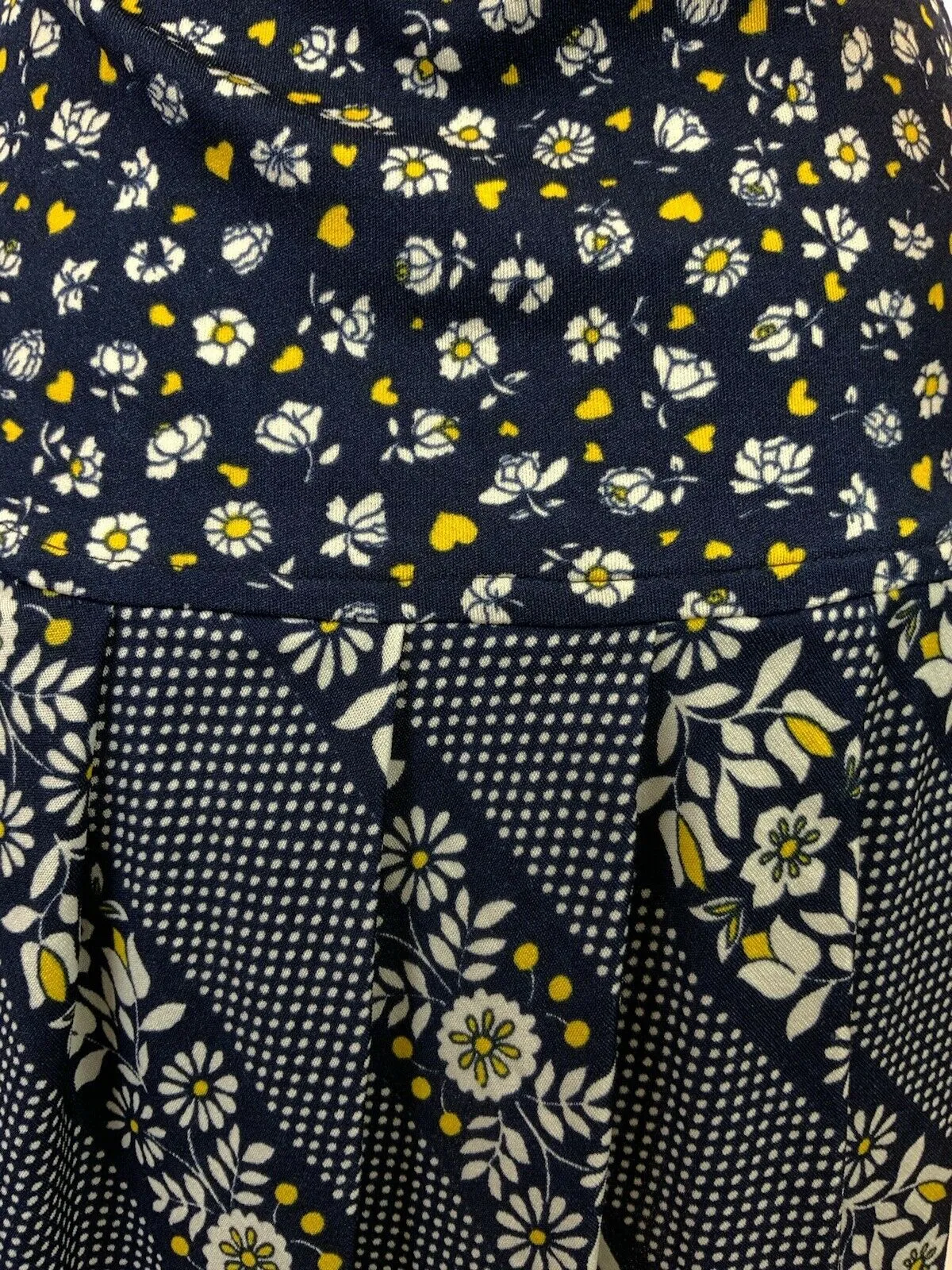 VINTAGE 60s 70s BLUE WHITE YELLOW FLORAL POLKA DOT LOVE HEART MOD DRESS 12