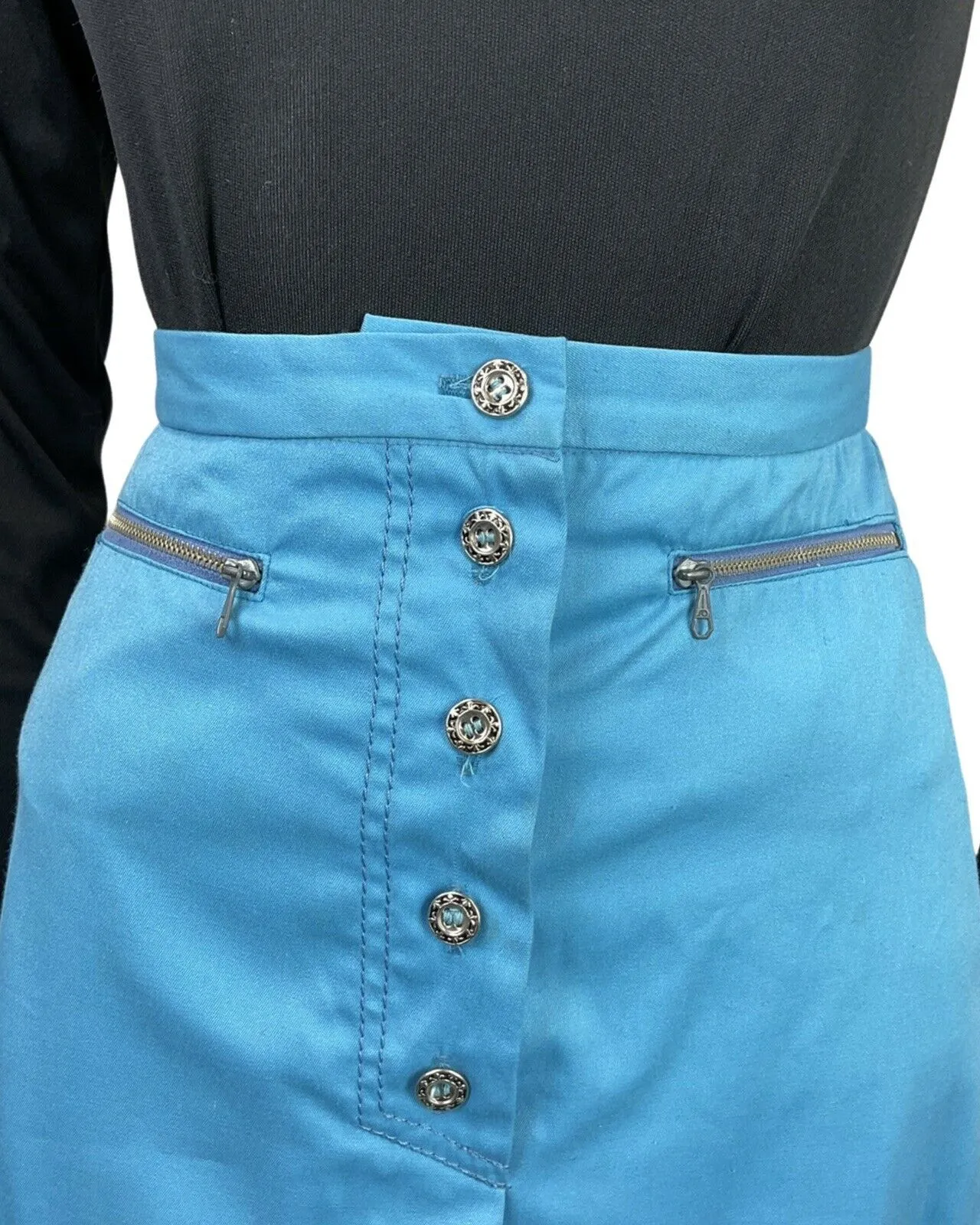 VINTAGE 60s 70s BRIGHT BLUE SILVER ZIPPER MOD MINI SHORT SKIRT 4