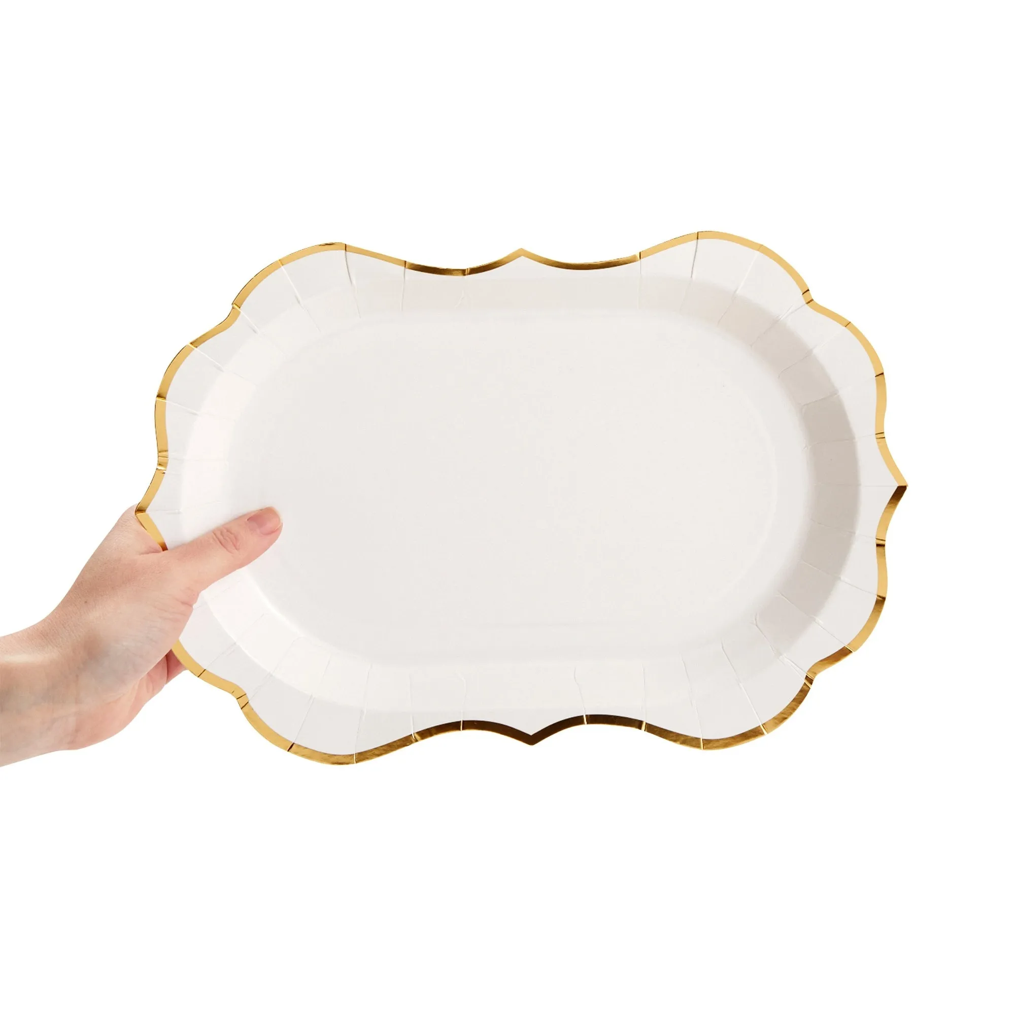 White Disposable Party Serving Trays with Scalloped Gold Foil Edge (13 x 9 in, 24 Pack)