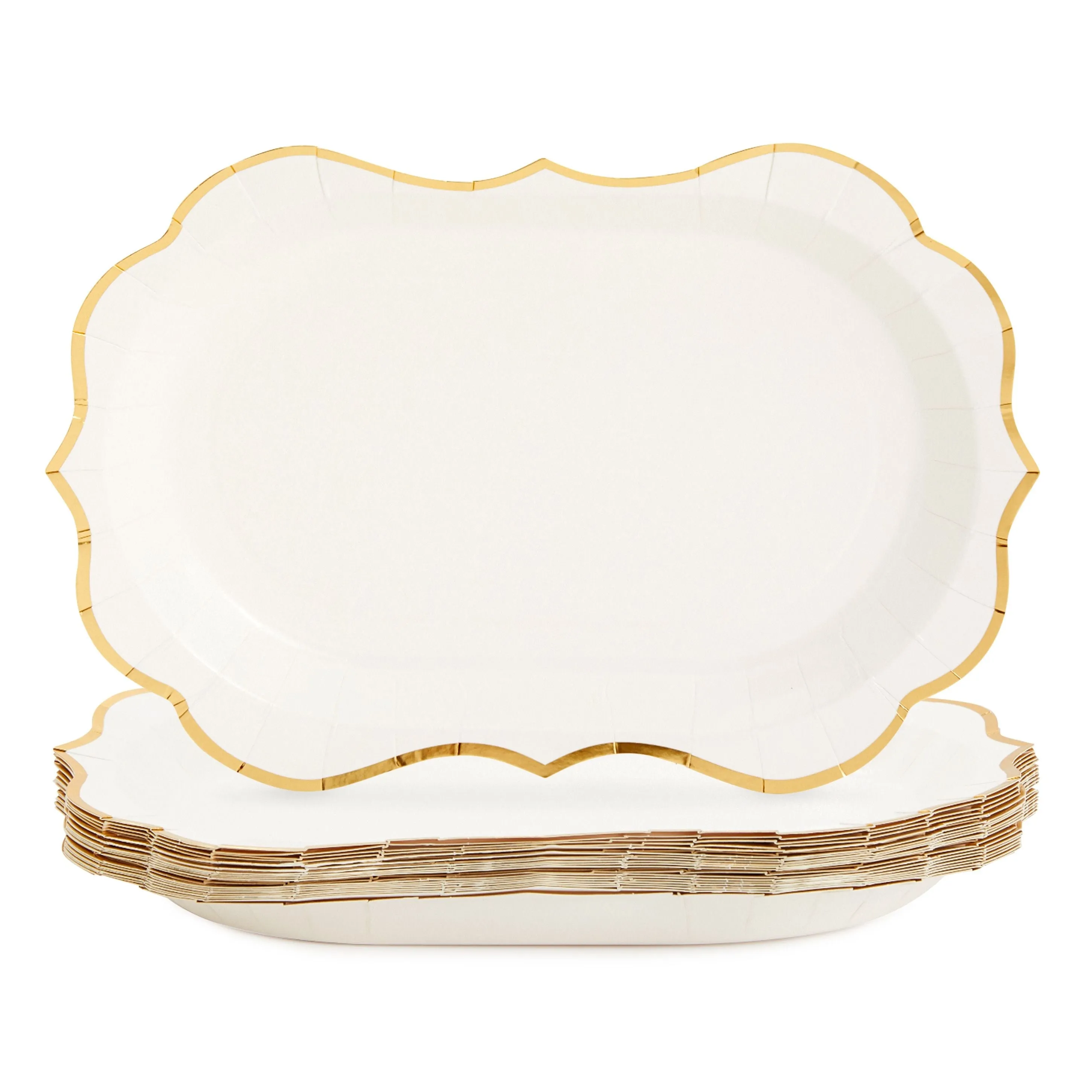 White Disposable Party Serving Trays with Scalloped Gold Foil Edge (13 x 9 in, 24 Pack)