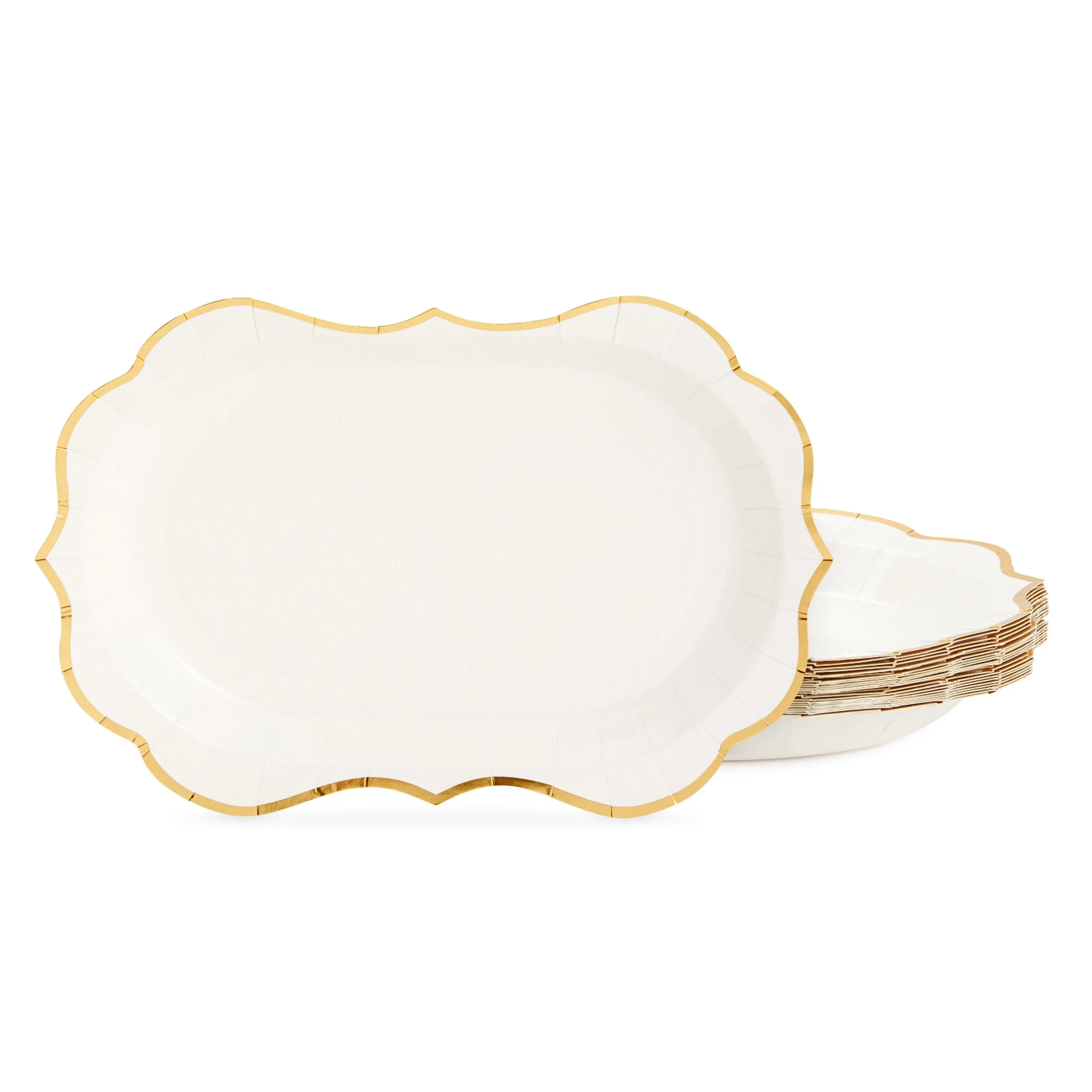 White Disposable Party Serving Trays with Scalloped Gold Foil Edge (13 x 9 in, 24 Pack)