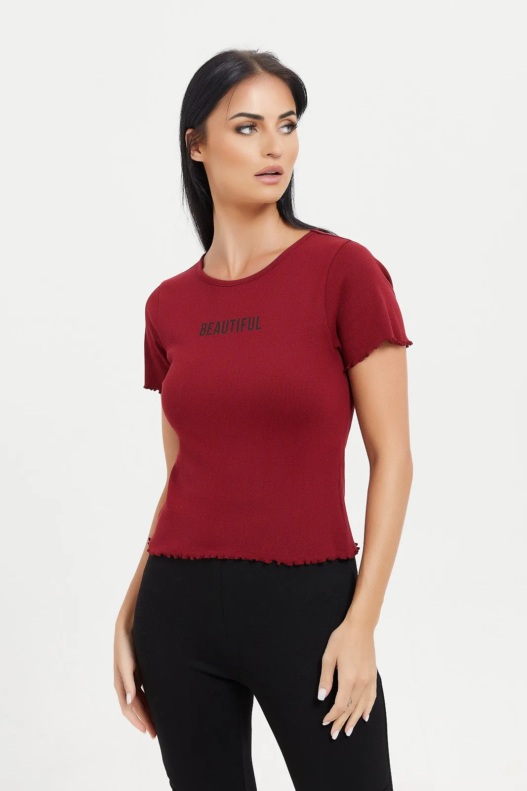 Women Burgundy Printed Ribbed T-Shirt