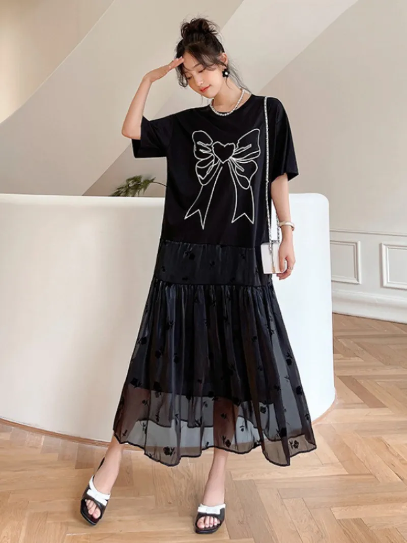 Women's Summer Black Round Neck  Short Sleeve A Line Casual Dress